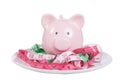 Piggy bank surrounded by three unwound tapes Royalty Free Stock Photo