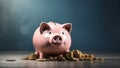 A piggy bank on a table among coins on a dark blurred background