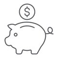 Piggy bank thin line icon, finance and banking, investment sign, vector graphics, a linear pattern on a white background