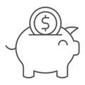 Piggy bank thin line icon, finance and economy, money sign, vector graphics, a linear pattern on a white background.