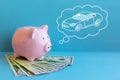 Piggy bank with think bubble with drawn car into think bubble. Royalty Free Stock Photo