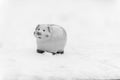 Piggy bank in traditional pink. Ceramic toy on white snow. Royalty Free Stock Photo