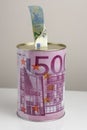 Piggy bank with twenty euro banknote, front view Royalty Free Stock Photo