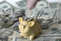 Piggy bank with two euro coin in hand and American dollar usd banknotes on the background Royalty Free Stock Photo