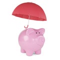 Piggy bank with umbrella isolated on white background. 3d illustration Royalty Free Stock Photo