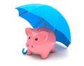 Piggy bank under a blue umbrella. Savings insurance. isolated on white background. 3d render Royalty Free Stock Photo