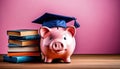 Piggy bank with university hat. Savings for education