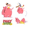 Piggy bank in various action. inserting coin. smash with hammer.