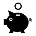 Piggy Bank. Vector Black Pig Icon with Coin Royalty Free Stock Photo