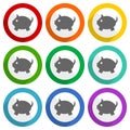 Piggy bank vector icons, set of colorful flat design buttons for webdesign and mobile applications Royalty Free Stock Photo