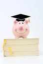 Piggy bank wearing a graduate cap standing on top of a pile of books. Saving for higher education concept
