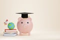 Piggy bank wearing a graduation cap and book stack, earth or planet, rocket. Education saving concept. Royalty Free Stock Photo