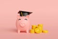 Piggy bank wearing a graduation cap and gold coin. concept of scholarships for education