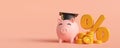 Piggy bank wearing a graduation cap and gold coin. concept of scholarships for education