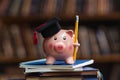 Piggy bank wearing graduation cap