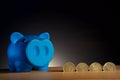 Piggy bank on a wooden base black background