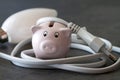 Piggy bank wrapped with cable, concept of rising electricity prices