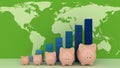 Piggy banks with colorful chart on map Royalty Free Stock Photo