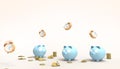 Piggy blue bank Savings money Groups Modern Art and watch Orange in Concept Savings Time pastel Orange background Royalty Free Stock Photo