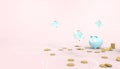 Piggy Blue bank Savings money Modern Art and triple watch White Concept Savings Time isolated on Pink background Royalty Free Stock Photo