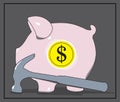 Piggy Dollar Bank with Hammer. Vector illustration.