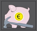 Piggy Euro Bank and Hammer. Vector illustration.