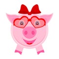 Piggy girl with hair bow on the head and in glasses from hearts. Vector illustration in flat style. Royalty Free Stock Photo