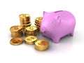 Piggy Money Bank With Piles Of Dollar Currency Golden Coins Royalty Free Stock Photo