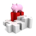 Piggy money safe bank on jigsaw puzzle pie chart