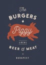 Piggy, pig, pork. Vintage label, logo, sticker, poster for Meat Restaurant