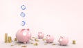 Piggy Pink bank Savings money Family Groups Modern Art and watch blue in Concept Savings Time pastel Pink background Royalty Free Stock Photo