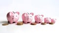 Piggy pink ceramic bank golden coin stack wealth concept photo. Financial economy success savings profit money Royalty Free Stock Photo