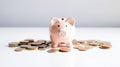 Piggy pink ceramic bank golden coin stack wealth concept photo. Financial economy success savings profit money Royalty Free Stock Photo