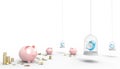 Piggy Pink triple bank Savings money Groups Modern Art and watch Blue in cage Concept Savings Time isolated on white background Royalty Free Stock Photo