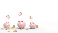 Piggy Pink triple bank Savings money Groups Modern Art and watch red in Concept Savings Time isolated on white background Royalty Free Stock Photo