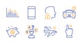 Piggy sale, Airplane travel and Parking icons set. Smartphone, Quiz test and Unlock system signs. Vector