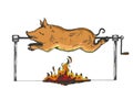 Piggy on spit engraving vector illustration