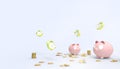 Piggy Two Pink bank Savings money Groups Modern Art and watch Yellow in Concept Savings Time pastel Blue background Royalty Free Stock Photo