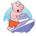 Piggy on a water bike jumping over the waves of the sea