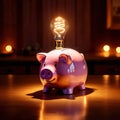 Piggybank with bright lightbulb, showing inspiration and successful ideas in savings and investment