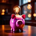 Piggybank with bright lightbulb, showing inspiration and successful ideas in savings and investment