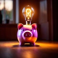 Piggybank with bright lightbulb, showing inspiration and successful ideas in savings and investment