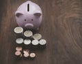 Piggybank and coin piles are placed on the old wooden floor.