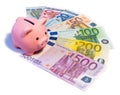 Piggybank on euro banknotes