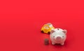 Piggybank and a pile of coins placed on a red background.
