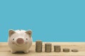 Piggybank and a pile of coins on the wood floor.