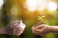 Piggybank and a pile of soil with trees in hand.