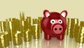 Piggybank and piles of coins