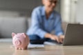 Piggybank standing near mature woman making investment on laptop indoor Royalty Free Stock Photo