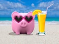 Piggybank with sunglasses on the beach Royalty Free Stock Photo